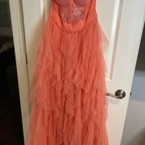 Coral Tulle Tiered Corset Maxi Dress (Formal/Prom/Photoshoot)